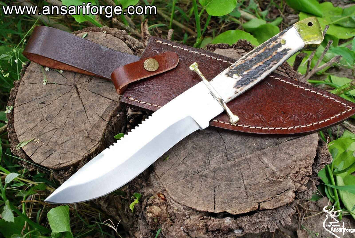Handmade D2 steel Bowie Knife - Stag Handle Hunting Knife With Leather sheath