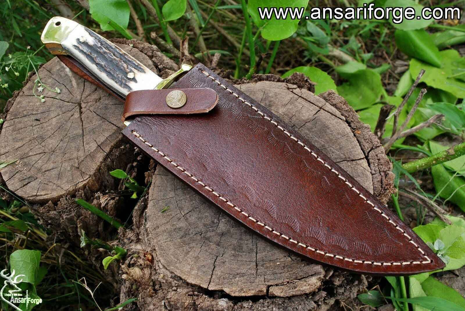 Handmade D2 steel Bowie Knife - Stag Handle Hunting Knife With Leather sheath