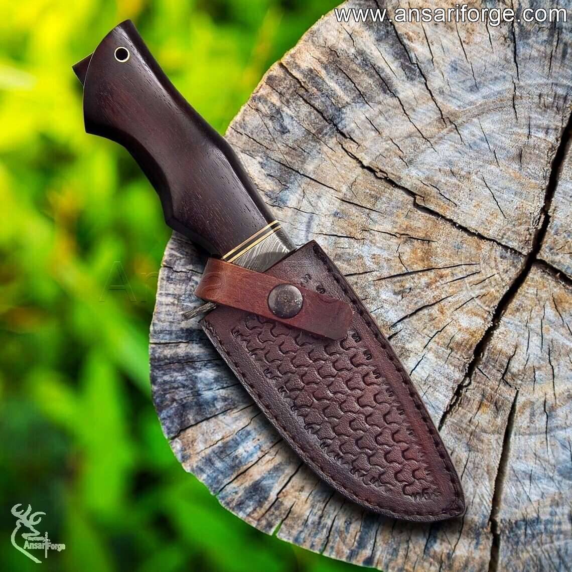 Full tang Damascus Feather Knife with handmade genuine cowhide leather sheath, ready for outdoor adventures and hunting.