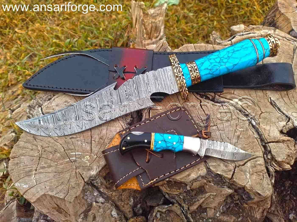 Damascus Hunting Knife Set - 13" Bowie Knife & Folding Pocket Knife With Sheaths.