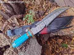 Damascus hunting knives being used in an outdoor setting, demonstrating their functionality for skinning game and preparing food at a campsite.