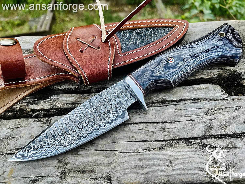 Damascus Hunting Bowie Knife with a ladder pattern Blade.
