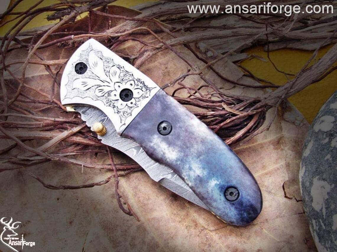 Handmade Damascus Pocket Knife by Ansari Forge.