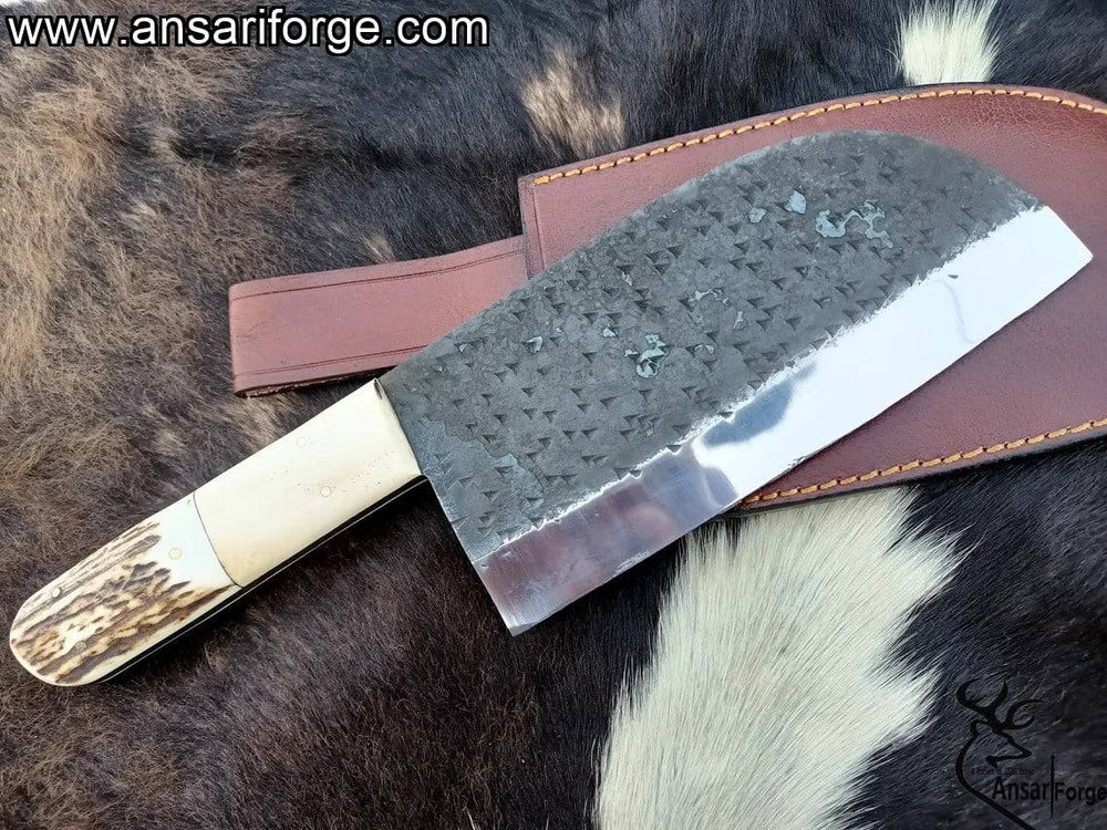 13.0 " inches Handmade D2 steel hammer forged Serbian Chef Knife heavy cleaver with leather sheath
