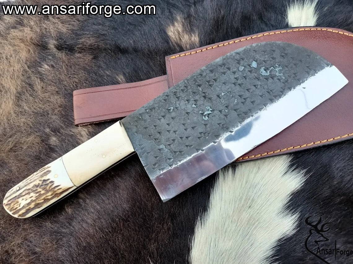 13.0 " inches Handmade D2 steel hammer forged Serbian Chef Knife heavy cleaver with leather sheath