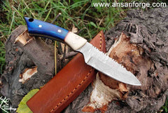 Handmade Damascus Fixed Blade Hunting Skinning Knife Blue