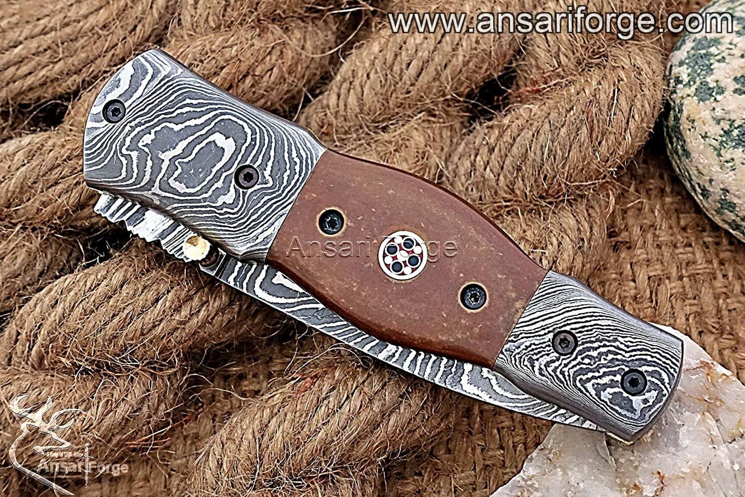 Damascus steel pocket knife with leather pouch