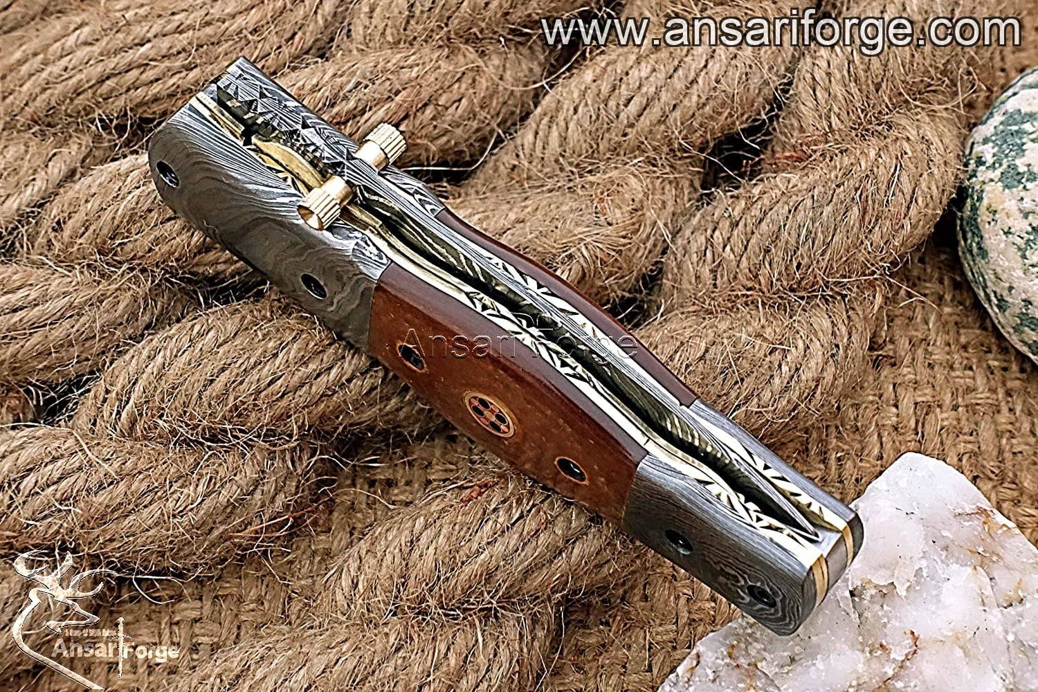 Damascus steel pocket knife with leather pouch