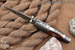 Damascus steel pocket knife with leather pouch