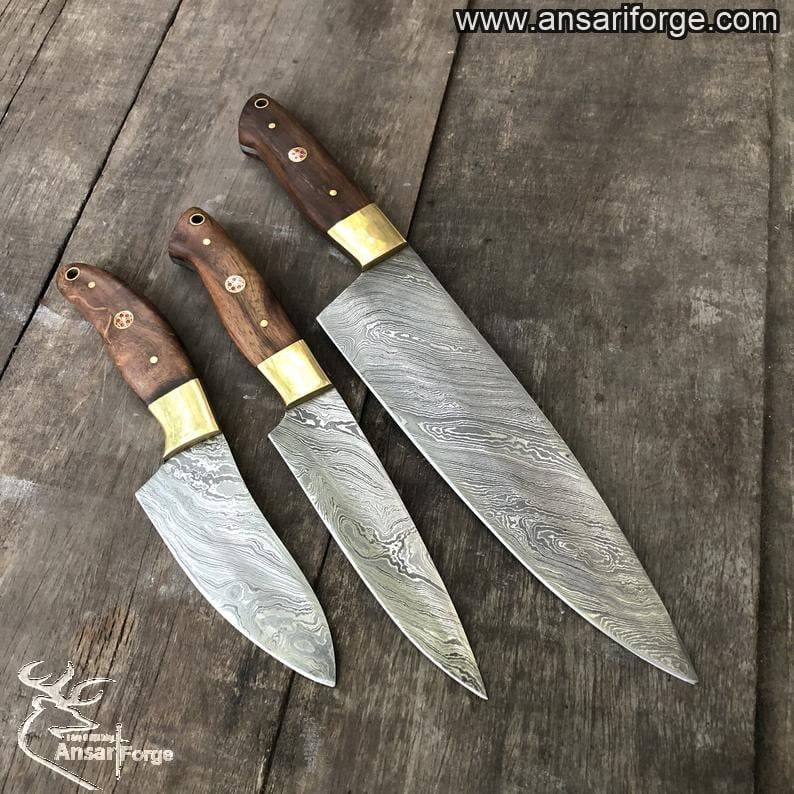 Best Damascus Kitchen Knife Set 3 Chef Knives With Case / Roll Bag