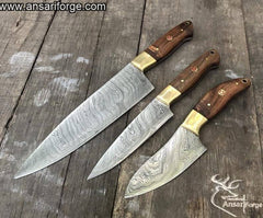 Best Damascus Kitchen Knife Set 3 Chef Knives With Case / Roll Bag