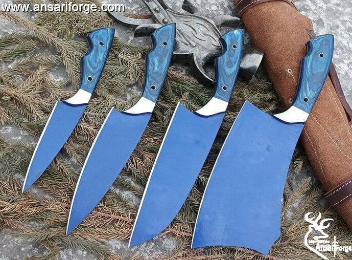 Professional Kitchen Knives Custom Made Damascus Steel 4 pcs of Utility Chef Knife Set with Chopper Cleaver Pocket Case Roll Bag