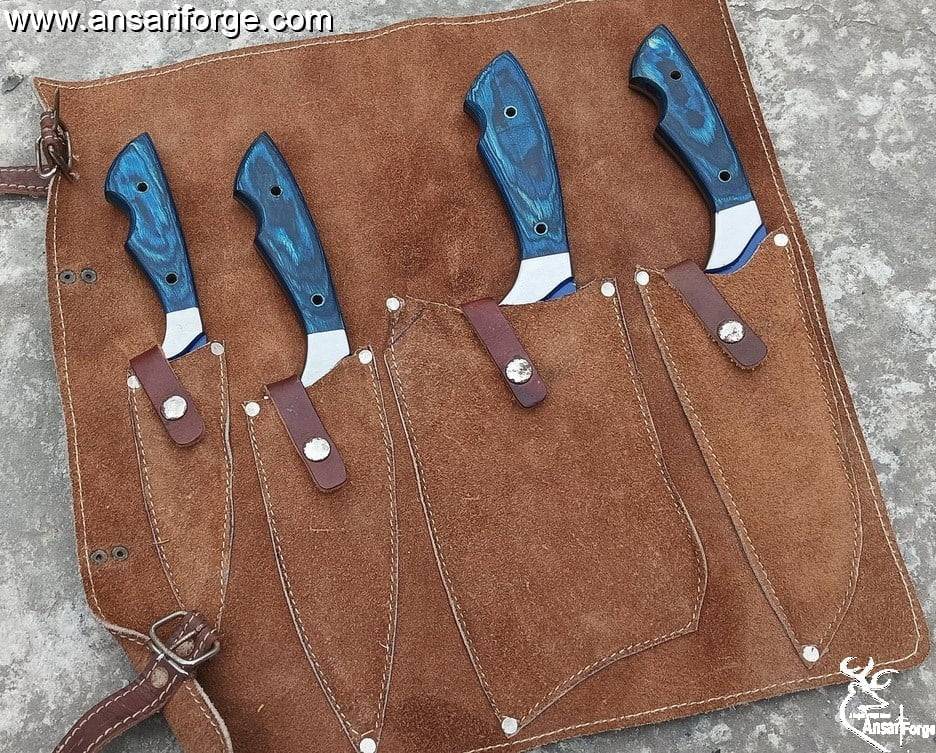 Professional Kitchen Knives Custom Made Damascus Steel 4 pcs of Utility Chef Knife Set with Chopper/Cleaver Pocket Case Roll Bag