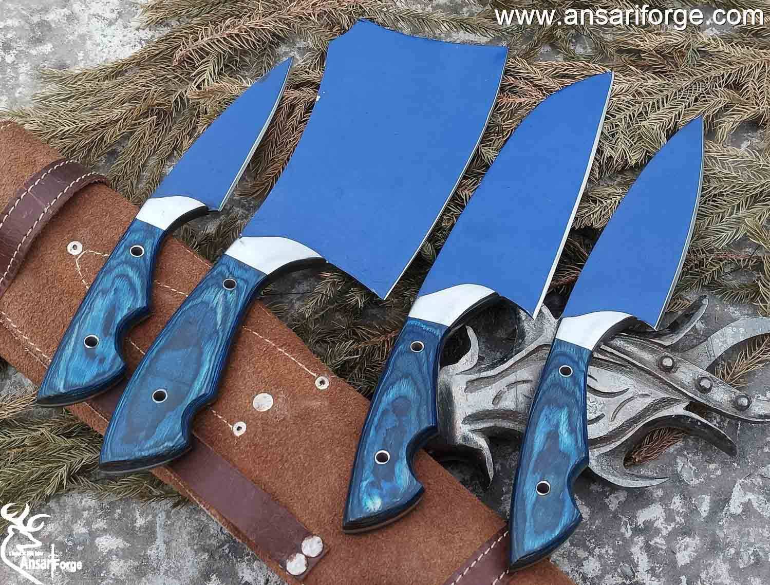 Professional Kitchen Knives Custom Made Damascus Steel 4 pcs of Utility Chef Knife Set with Chopper/Cleaver Pocket Case Roll Bag