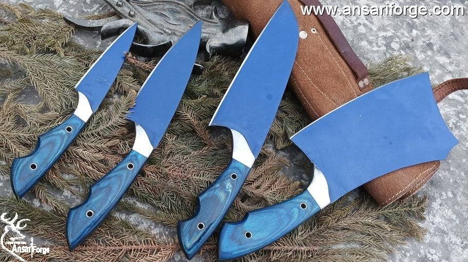 Professional Kitchen Knives Custom Made Damascus Steel 4 pcs of Utility Chef Knife Set with Chopper/Cleaver Pocket Case Roll Bag