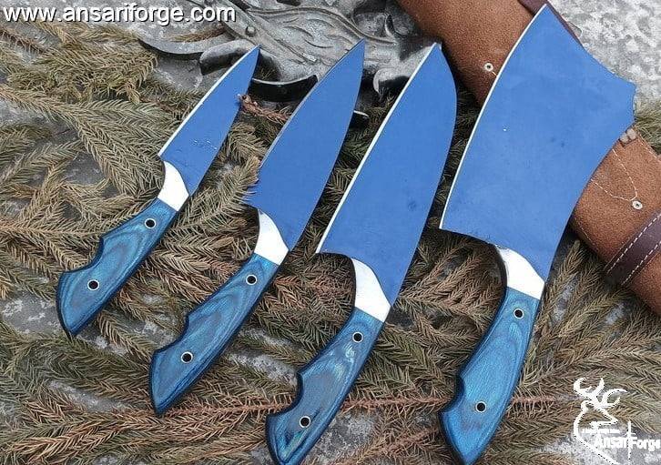 Professional Kitchen Knives Custom Made Damascus Steel 4 pcs of Utility Chef Knife Set with Chopper/Cleaver Pocket Case Roll Bag