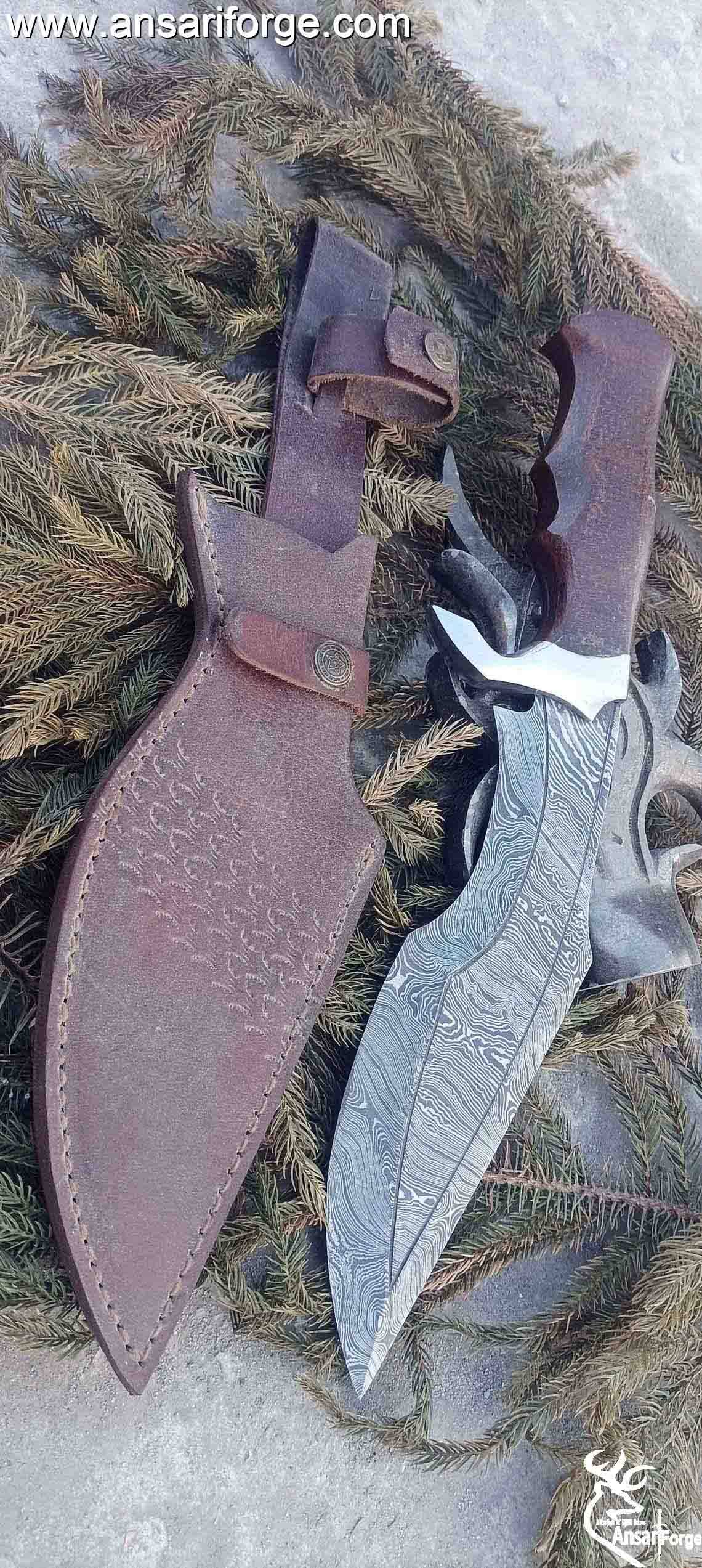Damascus Survival Hunting Knife with Sheath, 15-inch Fixed Blade Tactical Bowie Knife with Sharpener for Camping, Outdoor, Bushcraft
