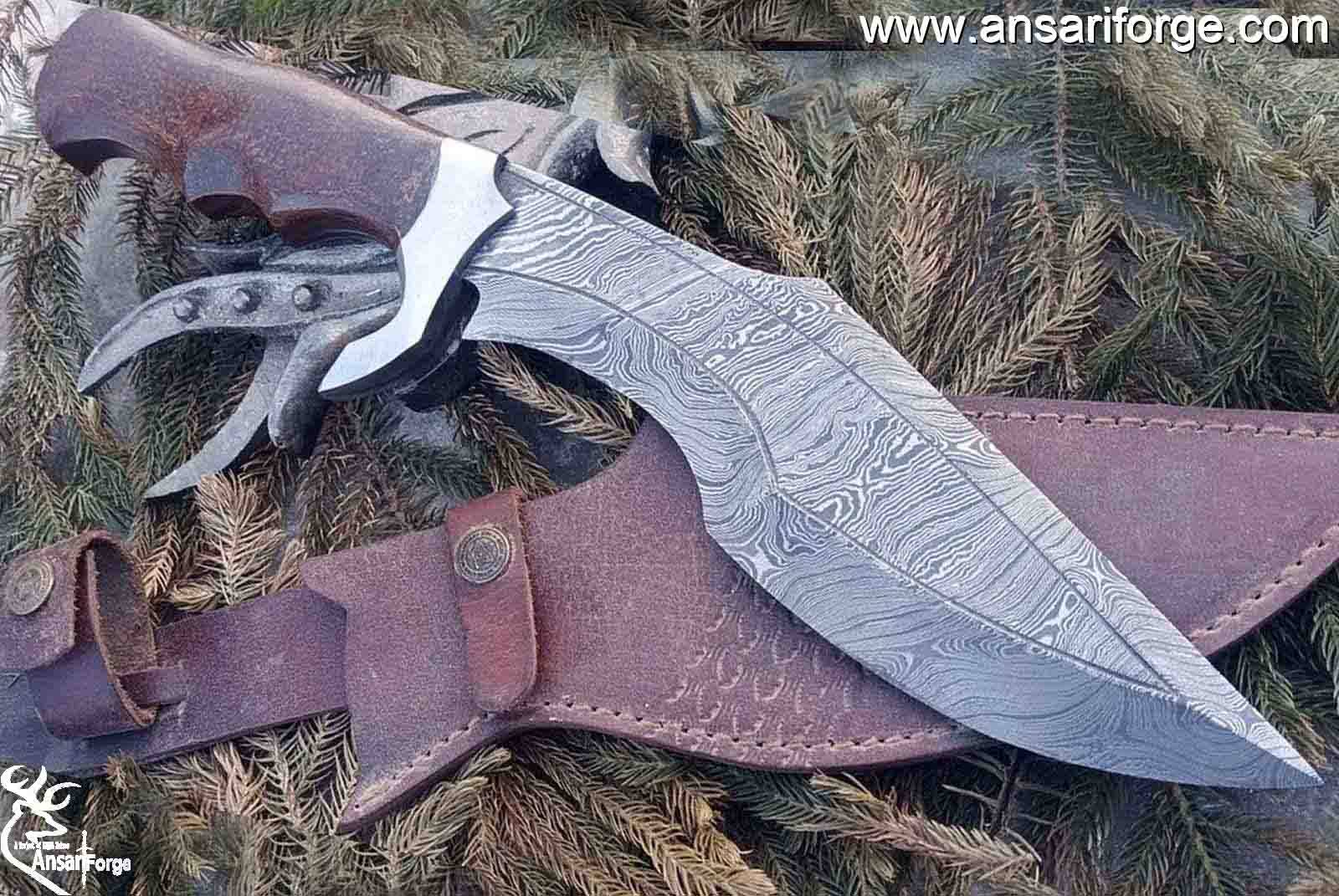 Damascus Survival Hunting Knife with Sheath, 15-inch Fixed Blade Tactical Bowie Knife with Sharpener for Camping, Outdoor, Bushcraft