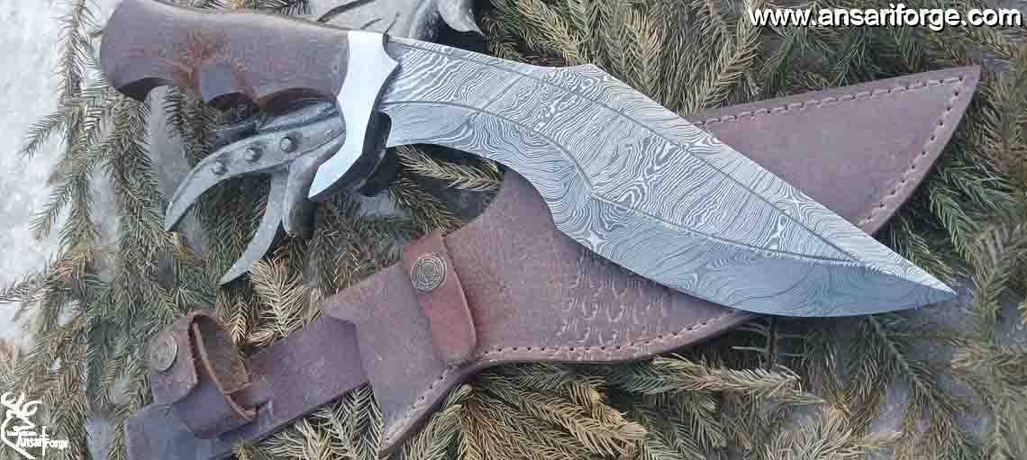 Damascus Survival Hunting Knife with Sheath, 15-inch Fixed Blade Tactical Bowie Knife with Sharpener for Camping, Outdoor, Bushcraft