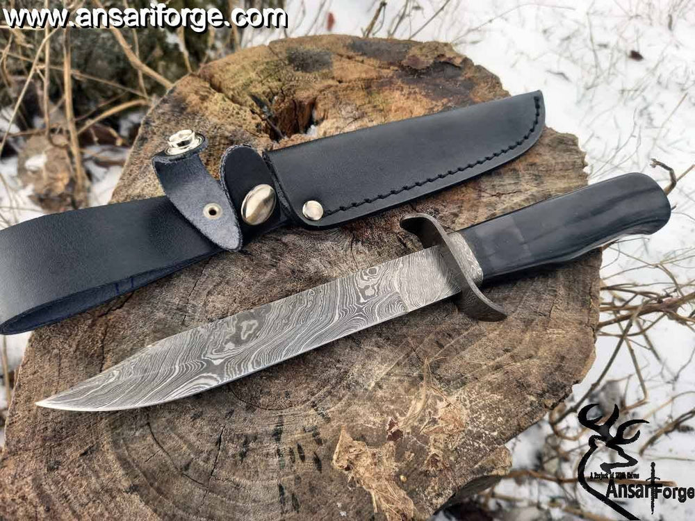 Handmade Fixed Blade Damascus Bowie Hunting Knife With Sheath | Ansari Forge