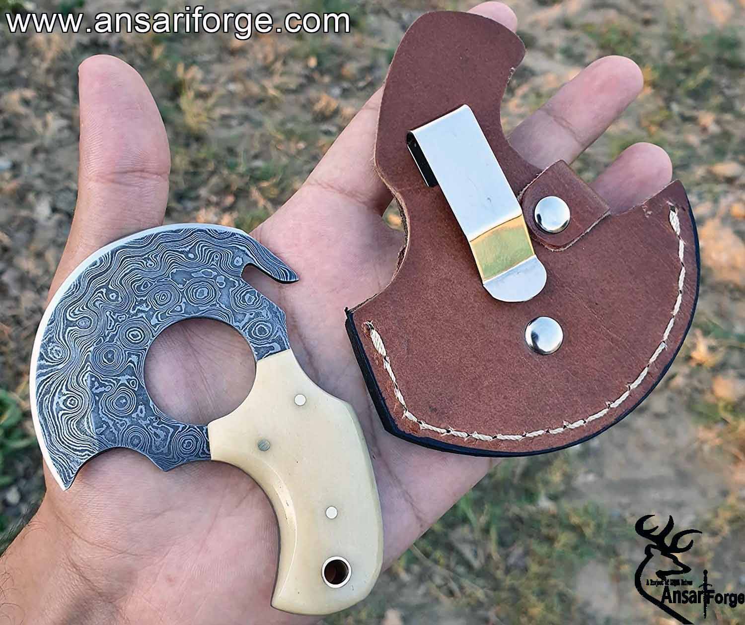 Damascus Steel EDC Knife 4" Fixed Blade Mini Knife for Skinning, Survival, Camping and Outdoor Enthusiasts with Natural Handle and Leather Sheath .