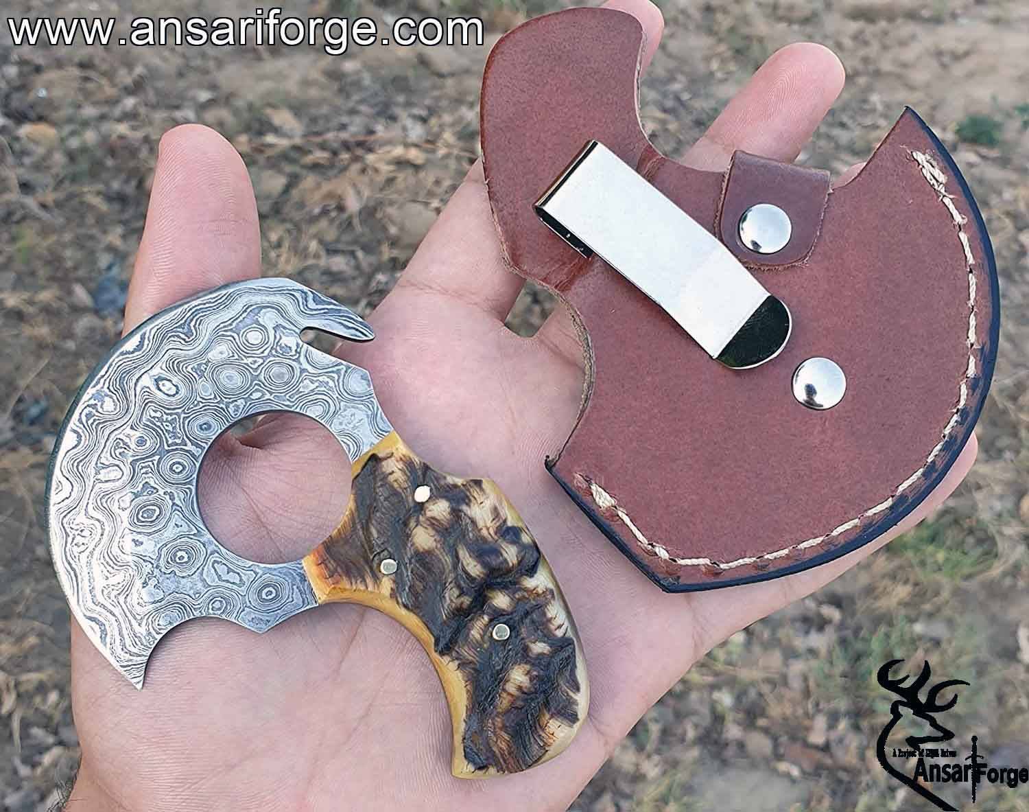 Damascus Steel EDC Knife 4" Fixed Blade Mini Knife for Skinning,Survival,Camping and Outdoor Enthusiasts with Natural Handle and Leather Sheath