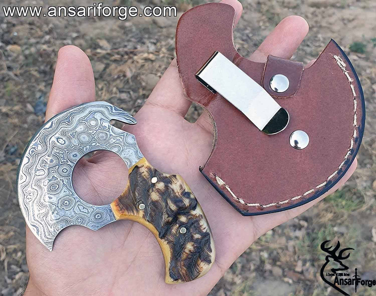 Damascus Steel EDC Knife 4" Fixed Blade Mini Knife for Skinning,Survival,Camping and Outdoor Enthusiasts with Natural Handle and Leather Sheath