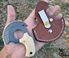 Damascus Steel EDC Knife 4" Fixed Blade Mini Knife for Skinning, Survival, Camping and Outdoor Enthusiasts with Natural Handle and Leather Sheath .