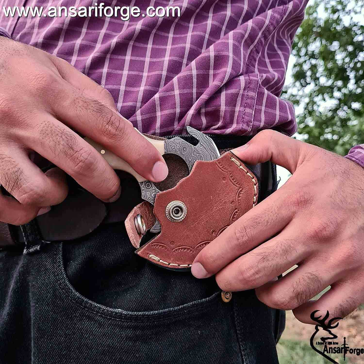 Damascus Steel EDC Knife 4" Fixed Blade Mini Knife for Skinning,Survival,Camping and Outdoor Enthusiasts with Natural Handle and Leather Sheath