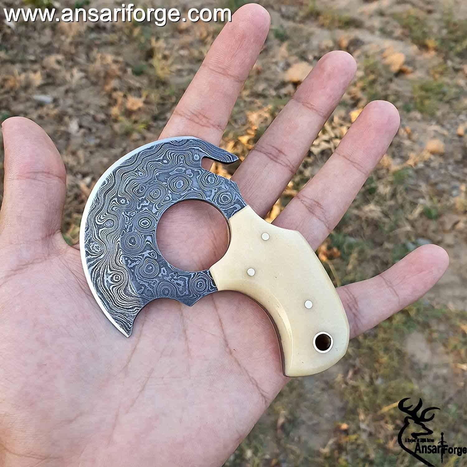 Damascus Steel EDC Knife 4" Fixed Blade Mini Knife for Skinning,Survival,Camping and Outdoor Enthusiasts with Natural Handle and Leather Sheath