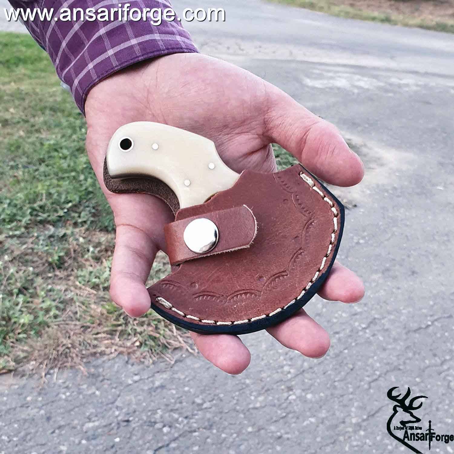 Damascus Steel EDC Knife 4" Fixed Blade Mini Knife for Skinning,Survival,Camping and Outdoor Enthusiasts with Natural Handle and Leather Sheath
