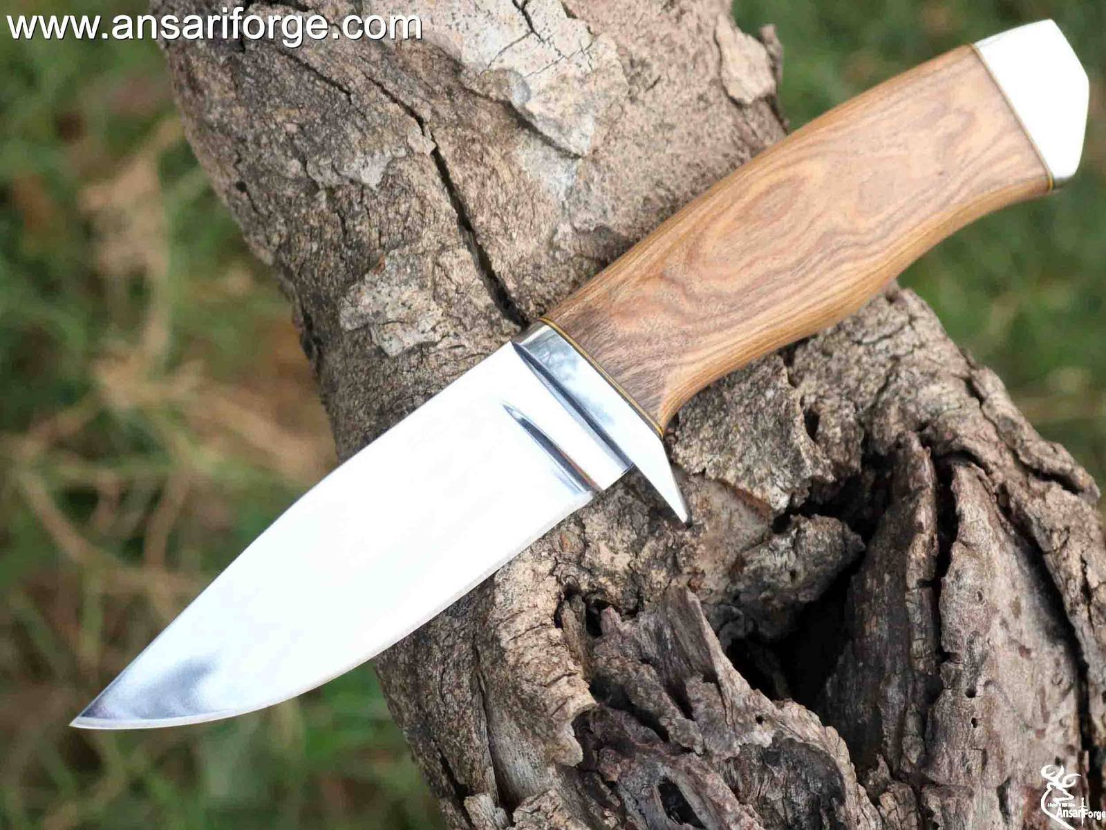 Special Fixed Blade Hunting Knife, 5" Drop-Point 420HC Blade, Olive Wood Handle with Leather Sheath