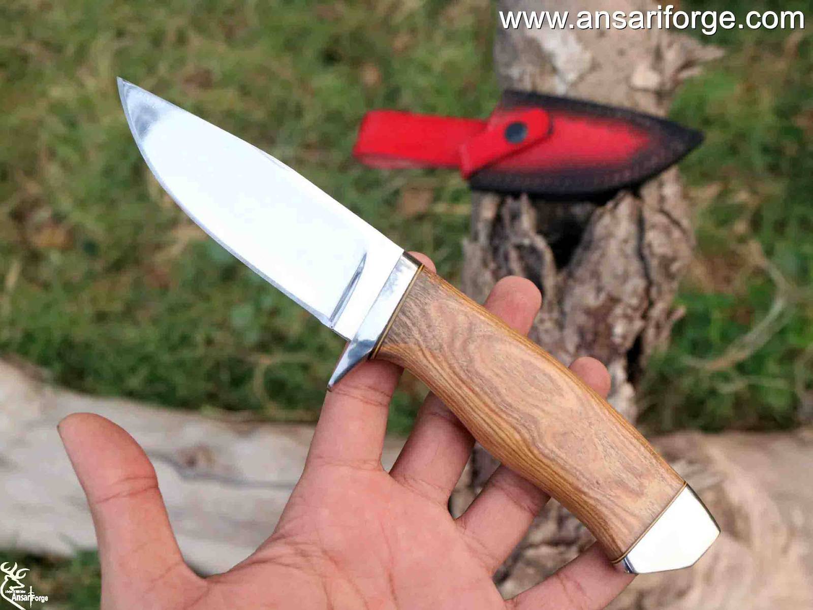 Special Fixed Blade Hunting Knife, 5" Drop-Point 420HC Blade, Olive Wood Handle with Leather Sheath