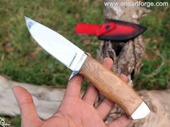 Special Fixed Blade Hunting Knife, 5" Drop-Point 420HC Blade, Olive Wood Handle with Leather Sheath