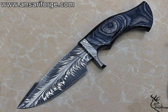 Custom handmade Damascus steel feather pattern hunting knife with pakka wood handle and leather sheath-EDC knife-knives-beautiful knives