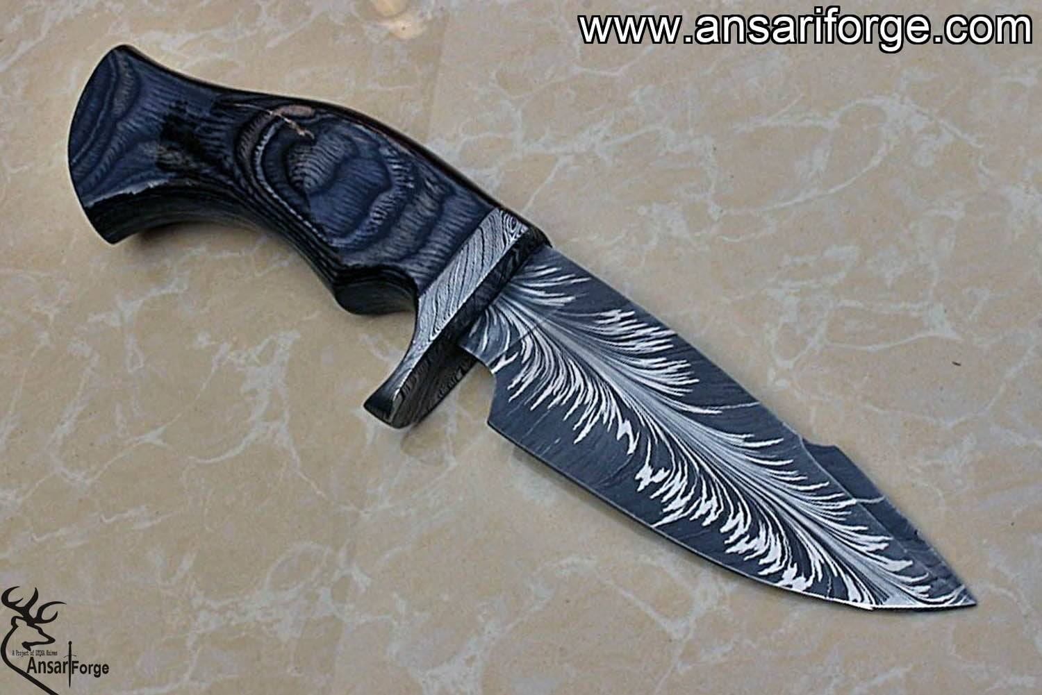 Custom handmade Damascus steel feather pattern hunting knife with pakka wood handle and leather sheath-EDC knife-knives-beautiful knives