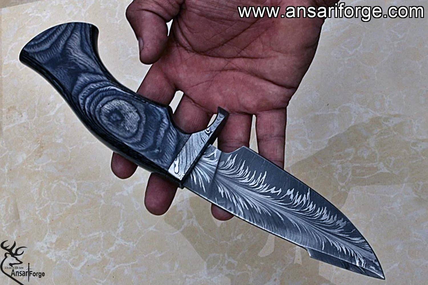 Custom handmade Damascus steel feather pattern hunting knife with pakka wood handle and leather sheath-EDC knife-knives-beautiful knives