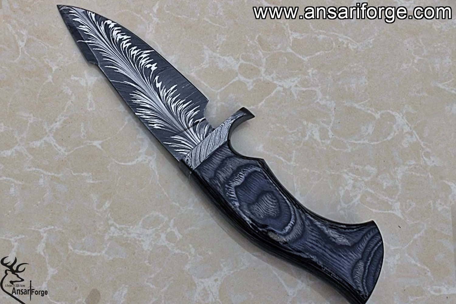 Custom handmade Damascus steel feather pattern hunting knife with pakka wood handle and leather sheath-EDC knife-knives-beautiful knives