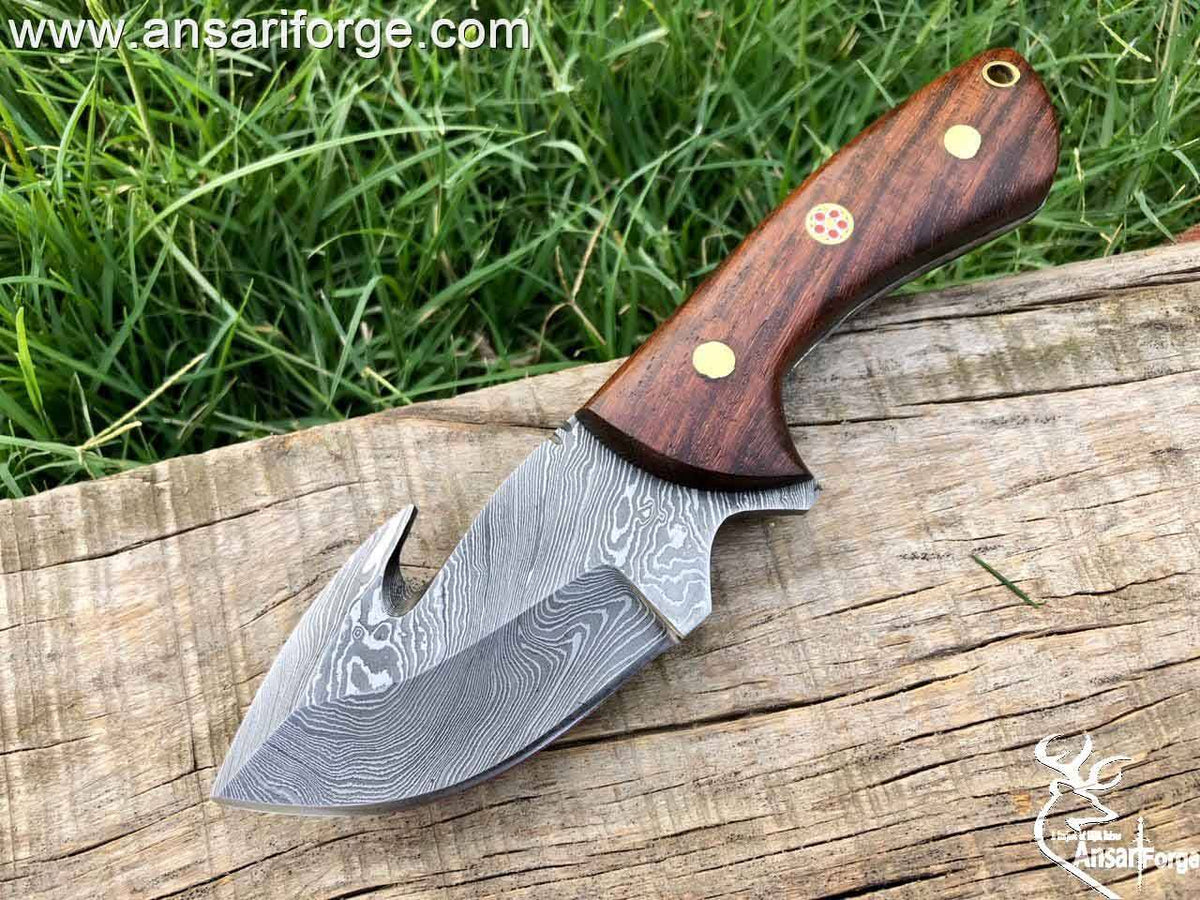 Damascus Steel Wood Handle Fixed Blade Gutting Hook Knife