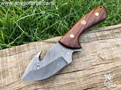 Damascus Steel Wood Handle Fixed Blade Gutting Hook Knife