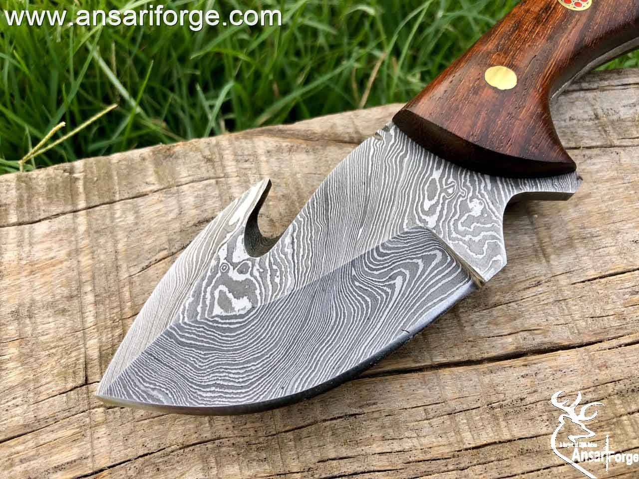 Damascus Steel Wood Handle Fixed Blade Gutting Hook Knife