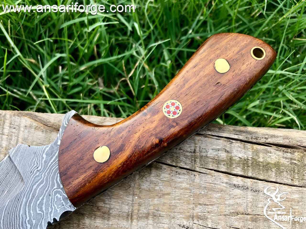 Damascus Steel Wood Handle Fixed Blade Gutting Hook Knife
