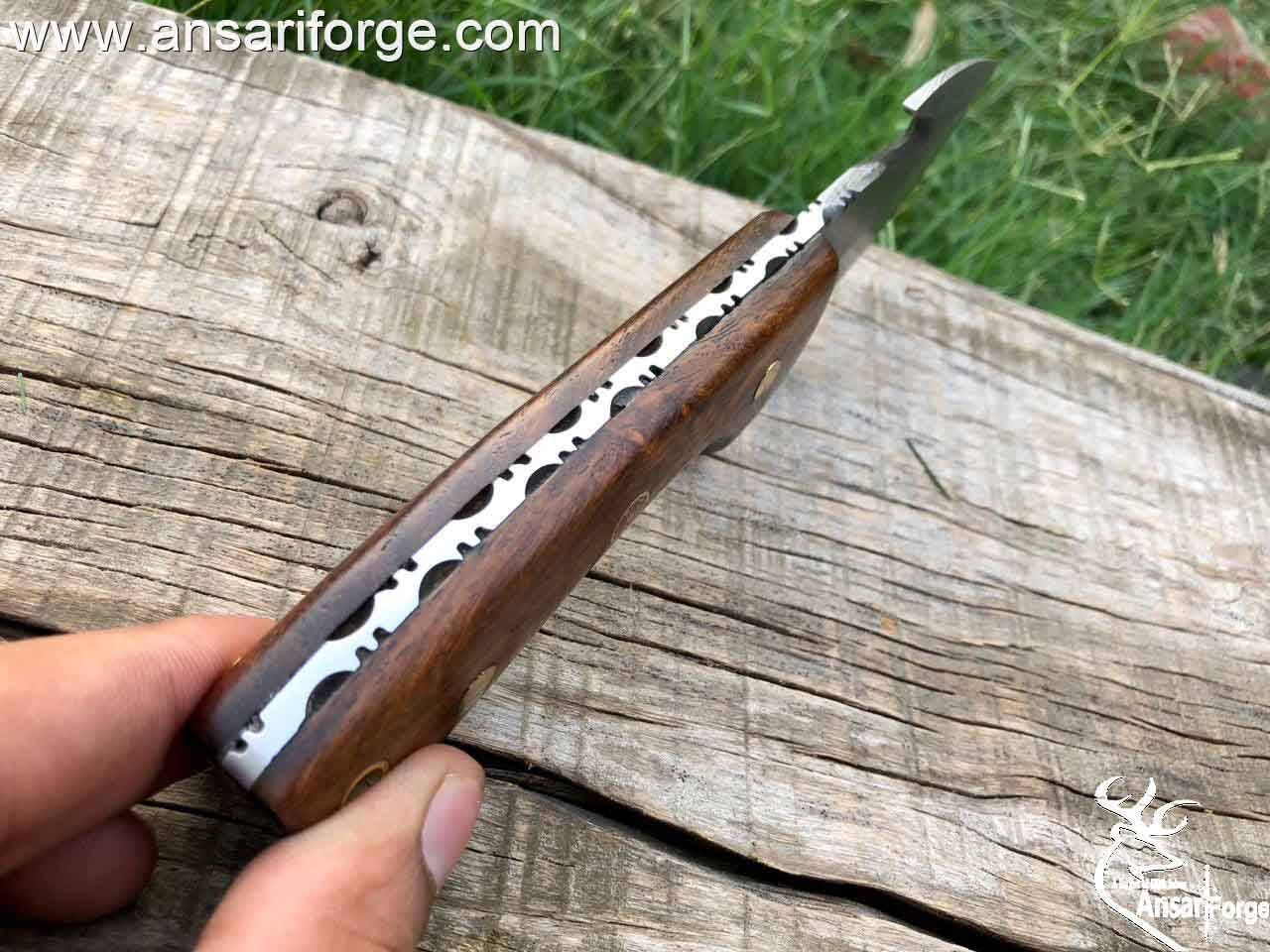 Damascus Steel Wood Handle Fixed Blade Gutting Hook Knife