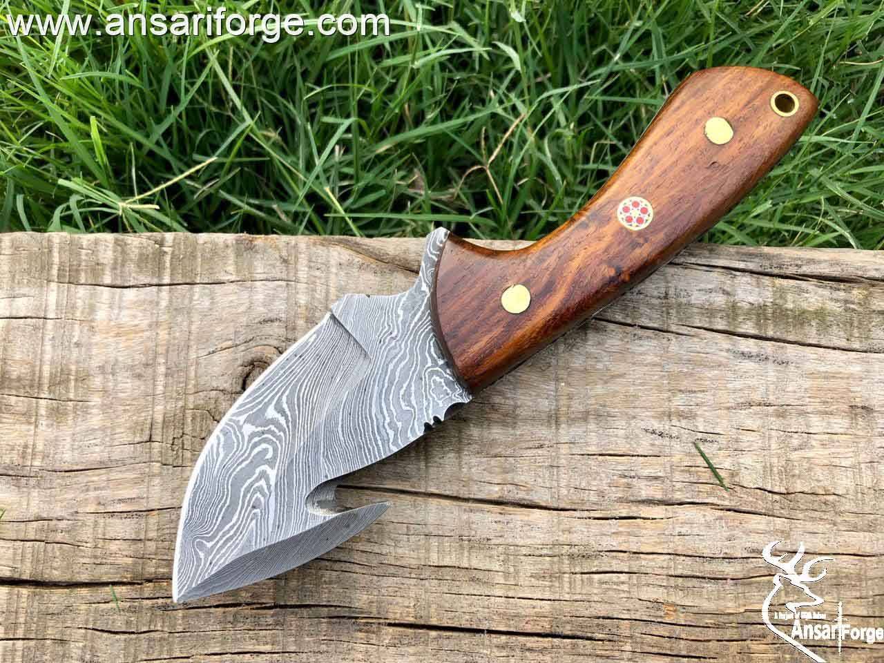 Damascus Steel Wood Handle Fixed Blade Gutting Hook Knife