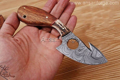 Custom handmade Damascus steel hunting knife gut hook Skinner