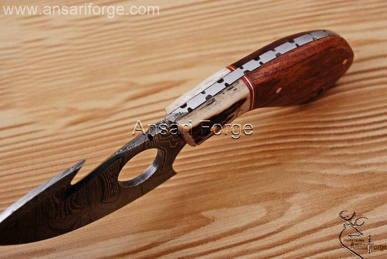 Custom handmade Damascus steel hunting knife gut hook Skinner