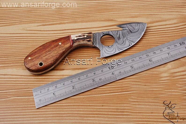Custom handmade Damascus steel hunting knife gut hook Skinner