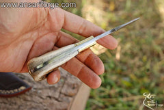 Damascus steel Fixed Blade Gut Hook Knife,Full Tang Field Processing Knife - Stag Antler Handle, Leather Sheath Included, for Skinning, Hunting, Outdoors