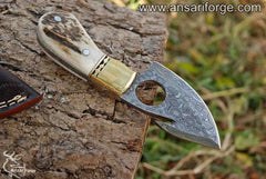 Damascus steel Fixed Blade Gut Hook Knife,Full Tang Field Processing Knife - Stag Antler Handle, Leather Sheath Included, for Skinning, Hunting, Outdoors