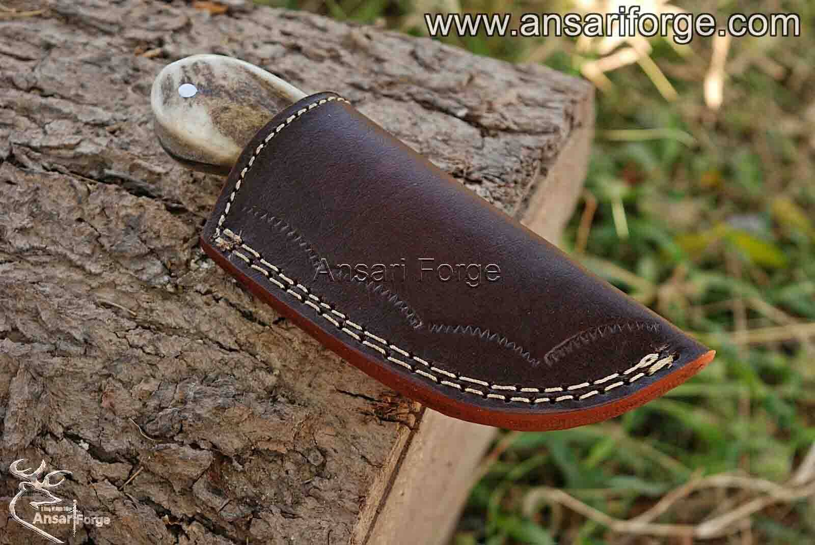Damascus steel Fixed Blade Gut Hook Knife,Full Tang Field Processing Knife - Stag Antler Handle, Leather Sheath Included, for Skinning, Hunting, Outdoors